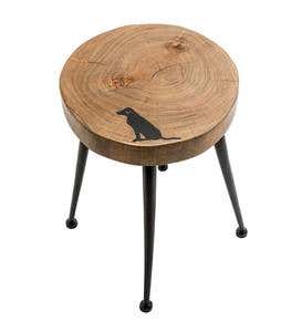 Reclaimed Wood and Iron Footstool with Black Labrador