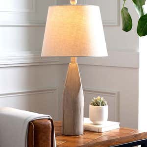 Weathered Wood Table Lamp with Natural Linen Shade
