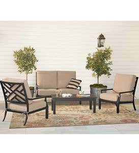 Chippendale Outdoor Love Seat Set with Cushions - Black with Heather Beige Cushions