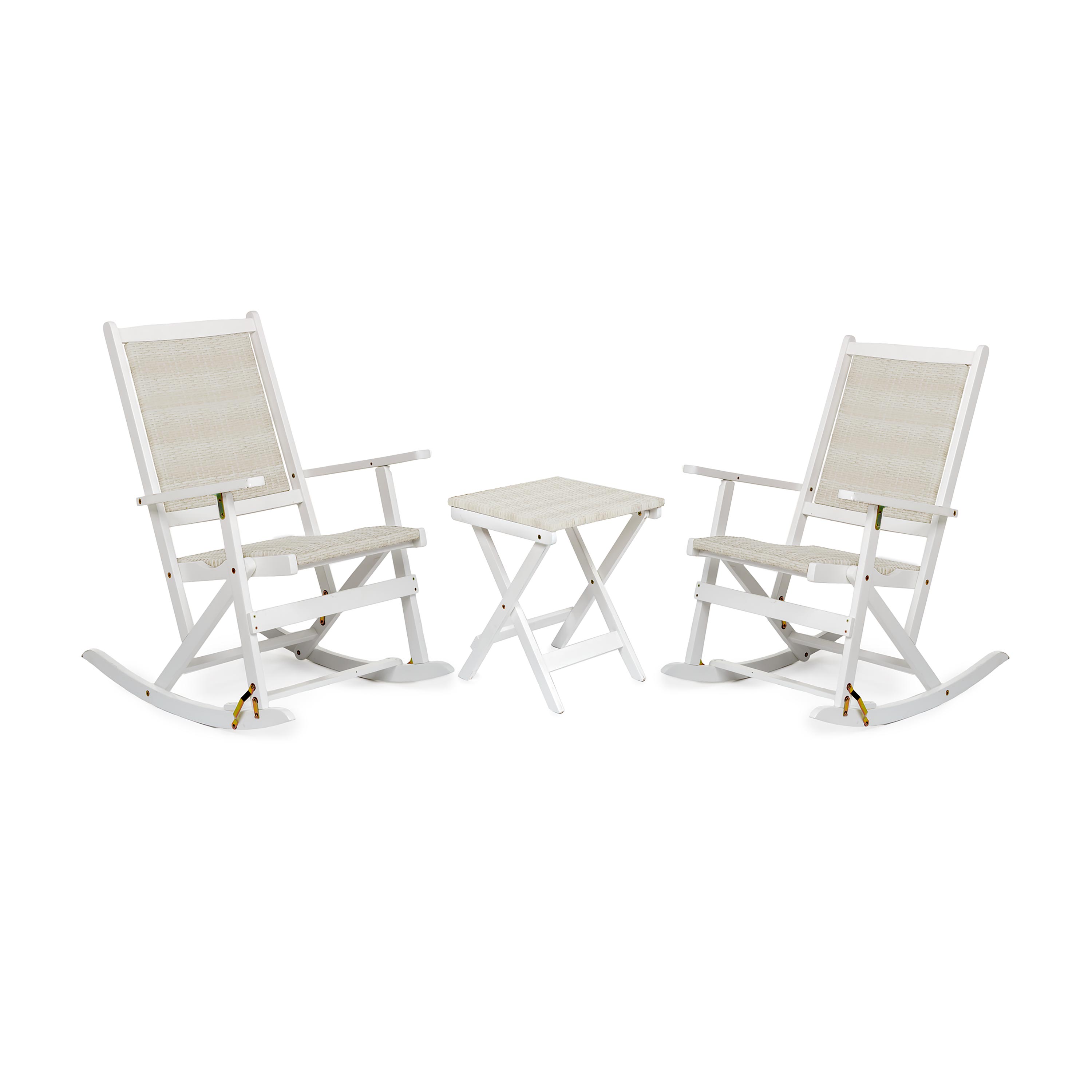 Claytor Folding Eucalyptus Outdoor Furniture, Two Rocking Chairs and Side Table