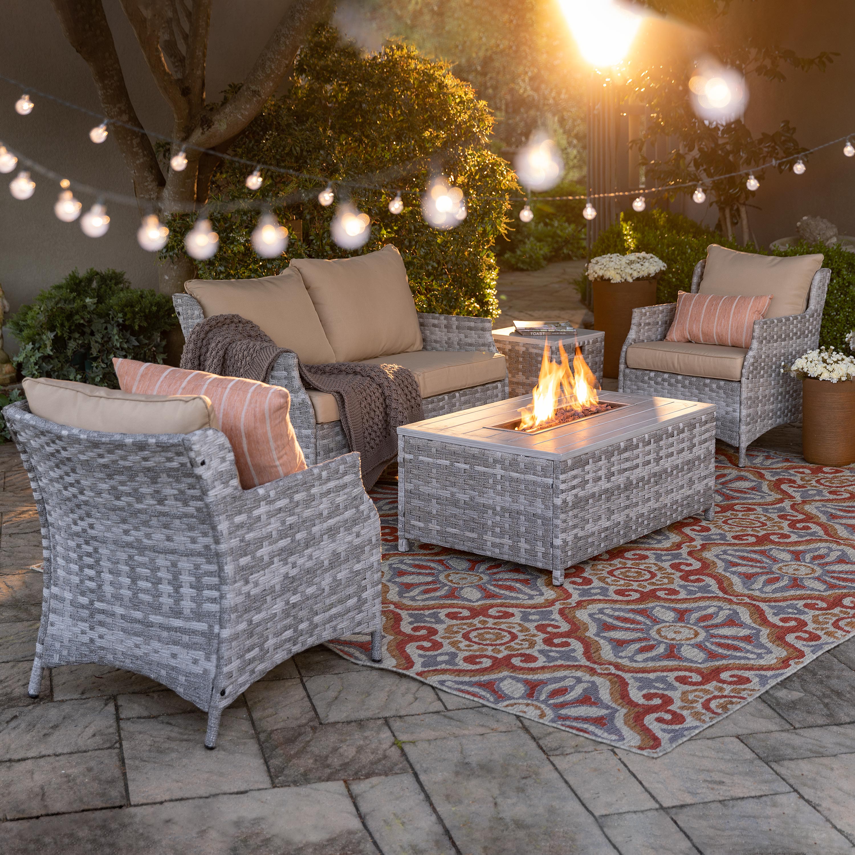 St. Helena Wicker Patio and Fire Pit Seating Set, 5-Piece