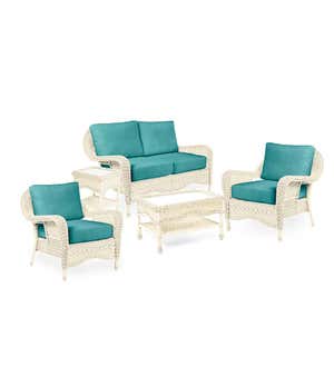 Prospect Hill Outdoor Wicker Deep Seating Love Seat Set with Cushions - Cloud White with Midnight Navy Cushions