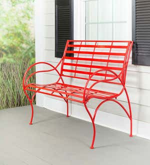 Red Metal Slat-Seat Garden Bench - Red