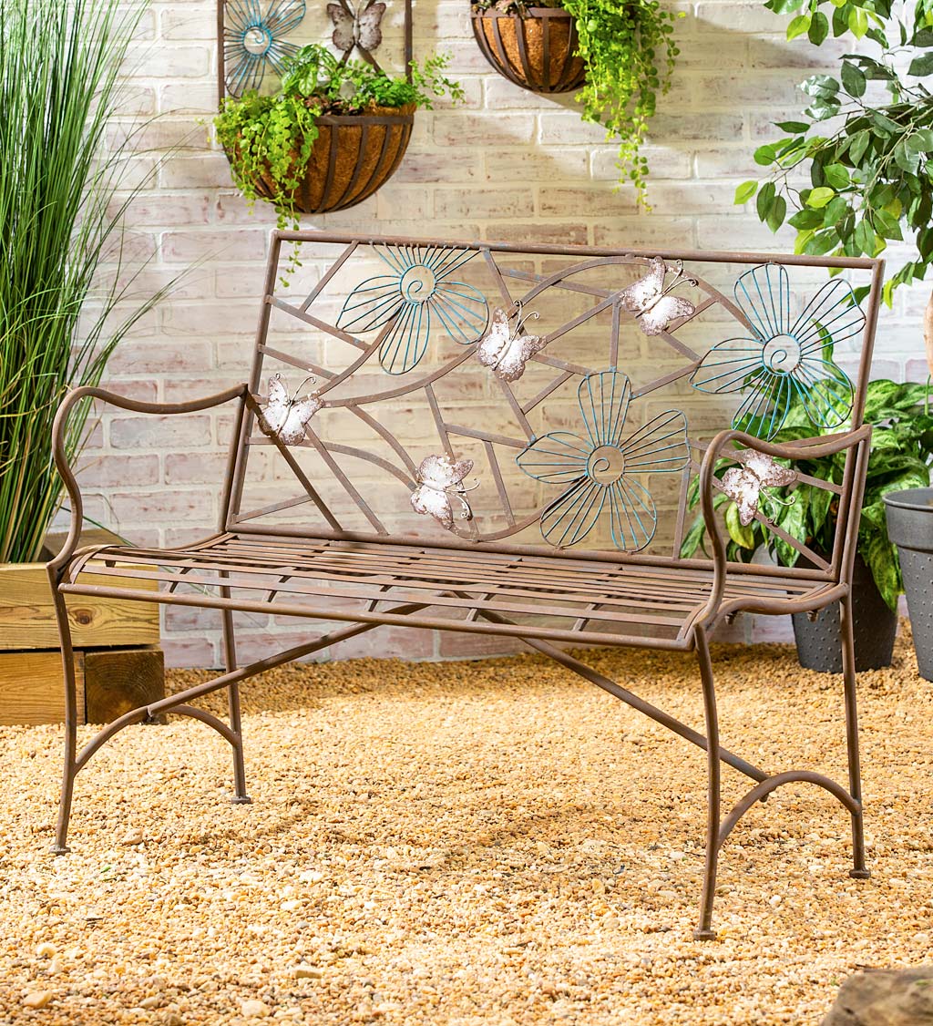 Butterfly and Flower Metal Garden Bench