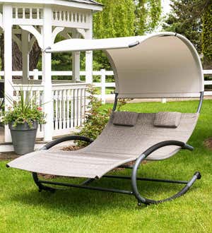 Outdoor Double Chaise Lounge Rocker with Shade Awning