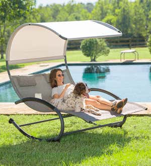 Outdoor Double Chaise Lounge Rocker with Shade Awning
