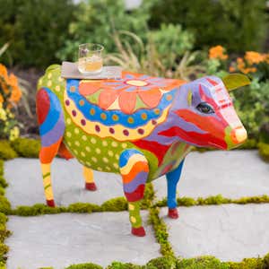 Handmade Colorful Painted Folk Art Cow Metal Side Table