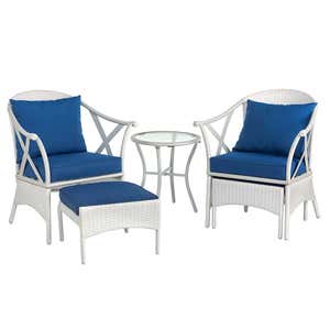 Five Piece White Wicker Patio Furniture Set with Cushions - White