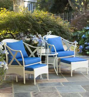 Five Piece White Wicker Patio Furniture Set with Cushions - White