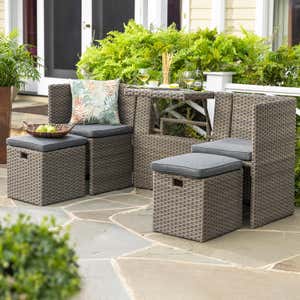 Compact Modular Wicker Seating Set with Multiple Configurations - Antique Brown