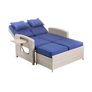 Multi-Functional Outdoor Wicker Love Seat Chaise Lounger with Navy Cushions