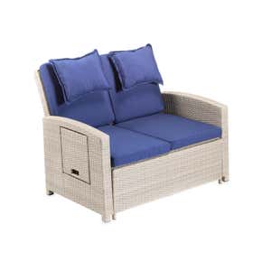 Multi-Functional Outdoor Wicker Love Seat Chaise Lounger with Navy Cushions