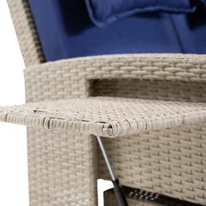 Multi-Functional Outdoor Wicker Love Seat Chaise Lounger with Navy Cushions