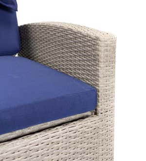 Multi-Functional Outdoor Wicker Love Seat Chaise Lounger with Navy Cushions