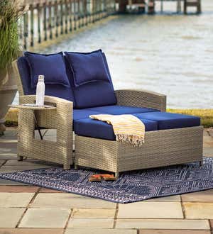 Multi-Functional Outdoor Wicker Love Seat Chaise Lounger with Navy Cushions