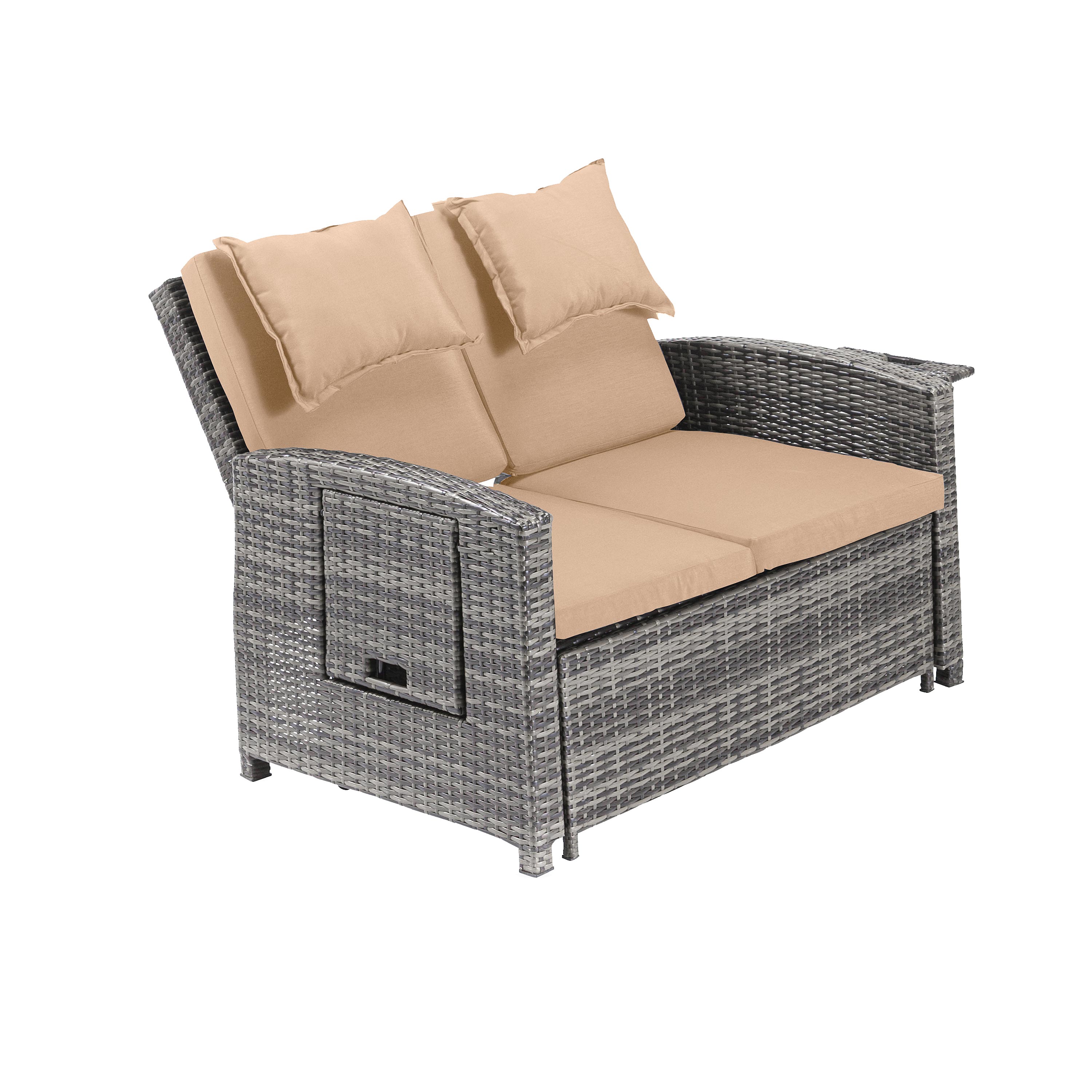 Multi-Functional Outdoor Wicker Love Seat Chaise Lounger with Taupe Cushions