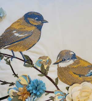 Indoor/Outdoor Bird Pillow with Embroidery and 3D Flowers