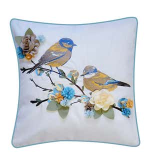 Indoor/Outdoor Bird Pillow with Embroidery and 3D Flowers