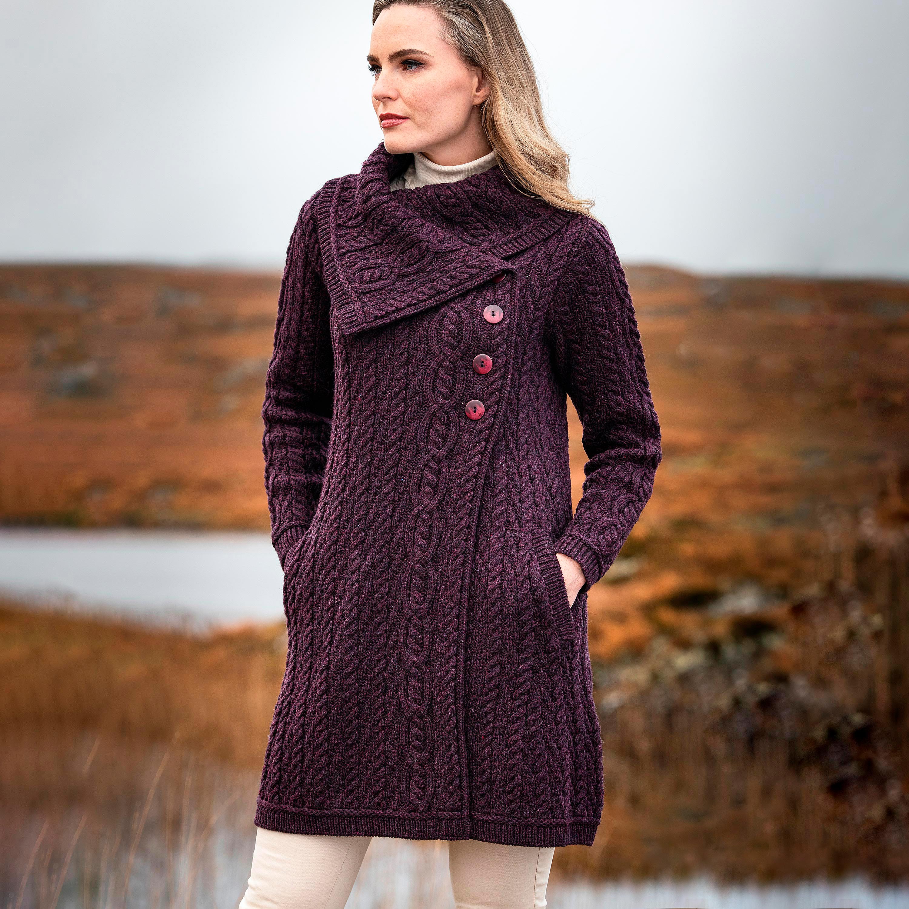 Women’s Irish Merino Wool Chunky Collar Coat - Damson - L | Plow & Hearth