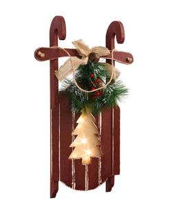 Hanging Wooden Sled with Lighted Holiday Cutout Design