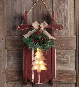 Hanging Wooden Sled with Lighted Holiday Cutout Design
