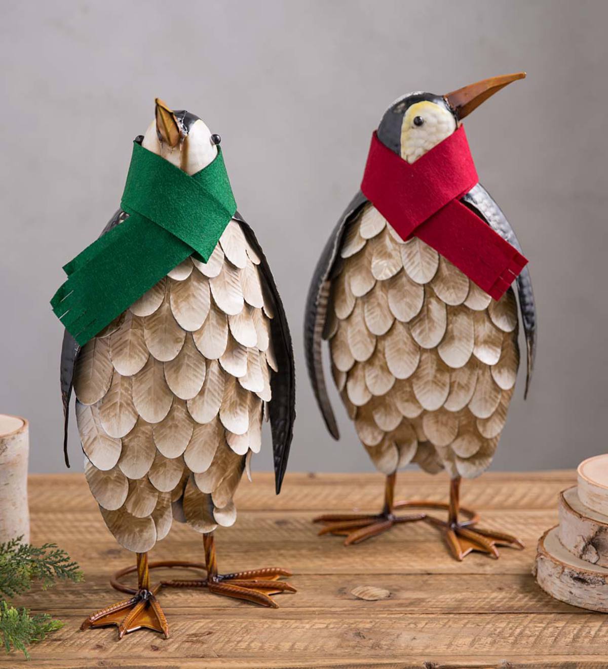 Metal Penguins With Fabric Scarves Accents, Set of 2