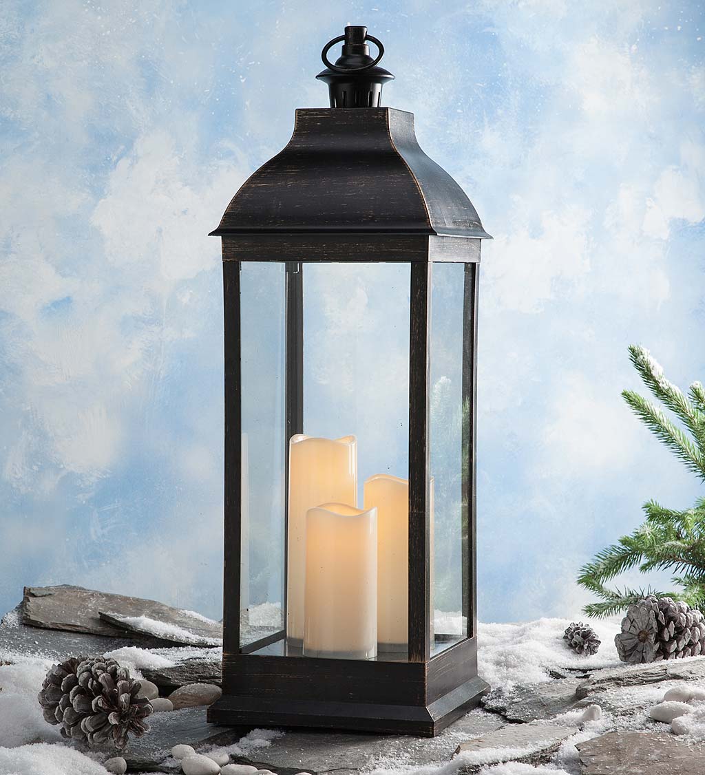 Tall Indoor/Outdoor Lantern with LED Candles and Remote