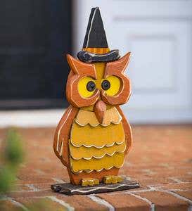 Halloween Wooden Owl with Witch Hat Statue