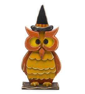 Halloween Wooden Owl with Witch Hat Statue