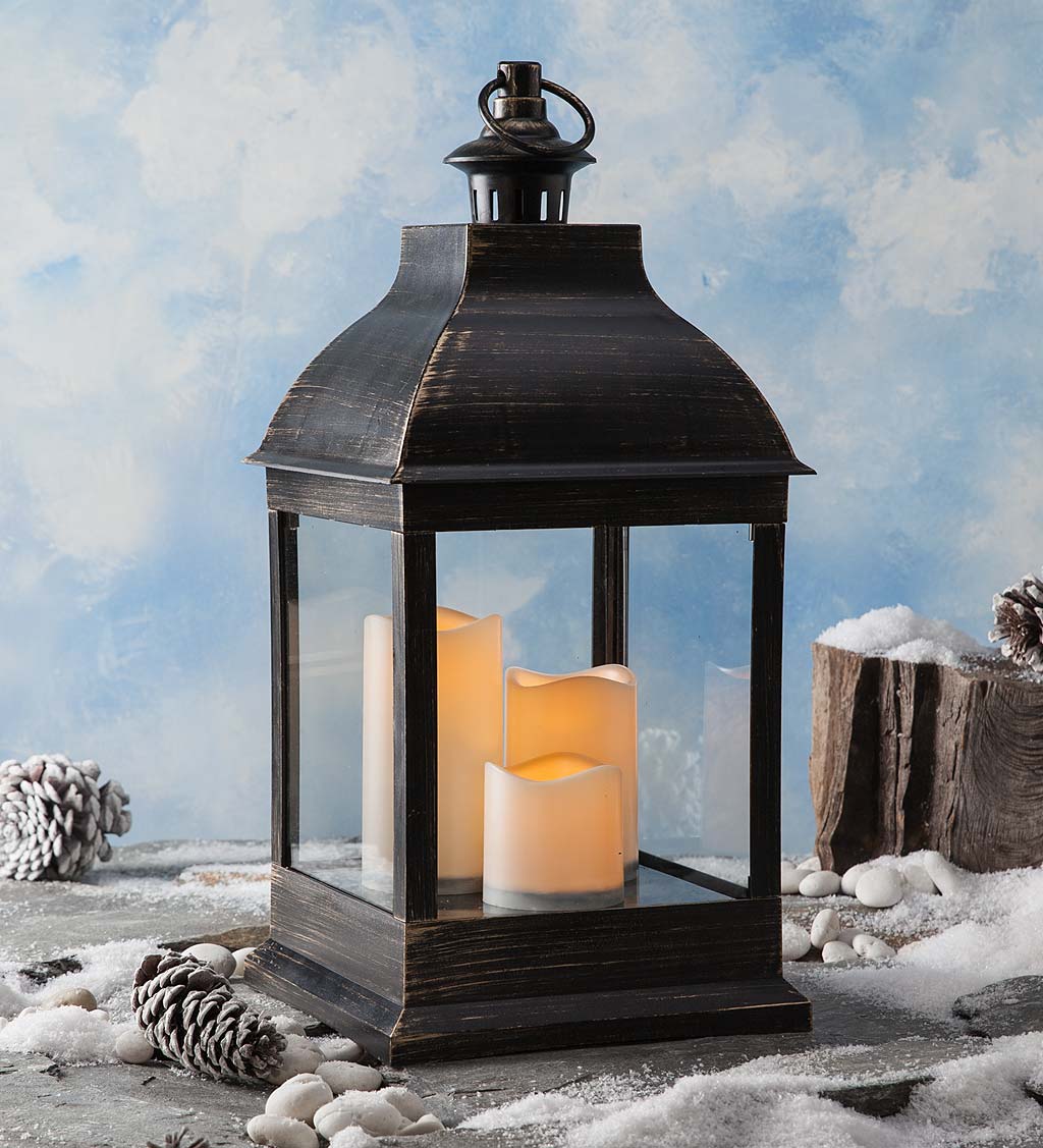 Battery-Operated Metal Lantern with LED Candle - 17 Black Window