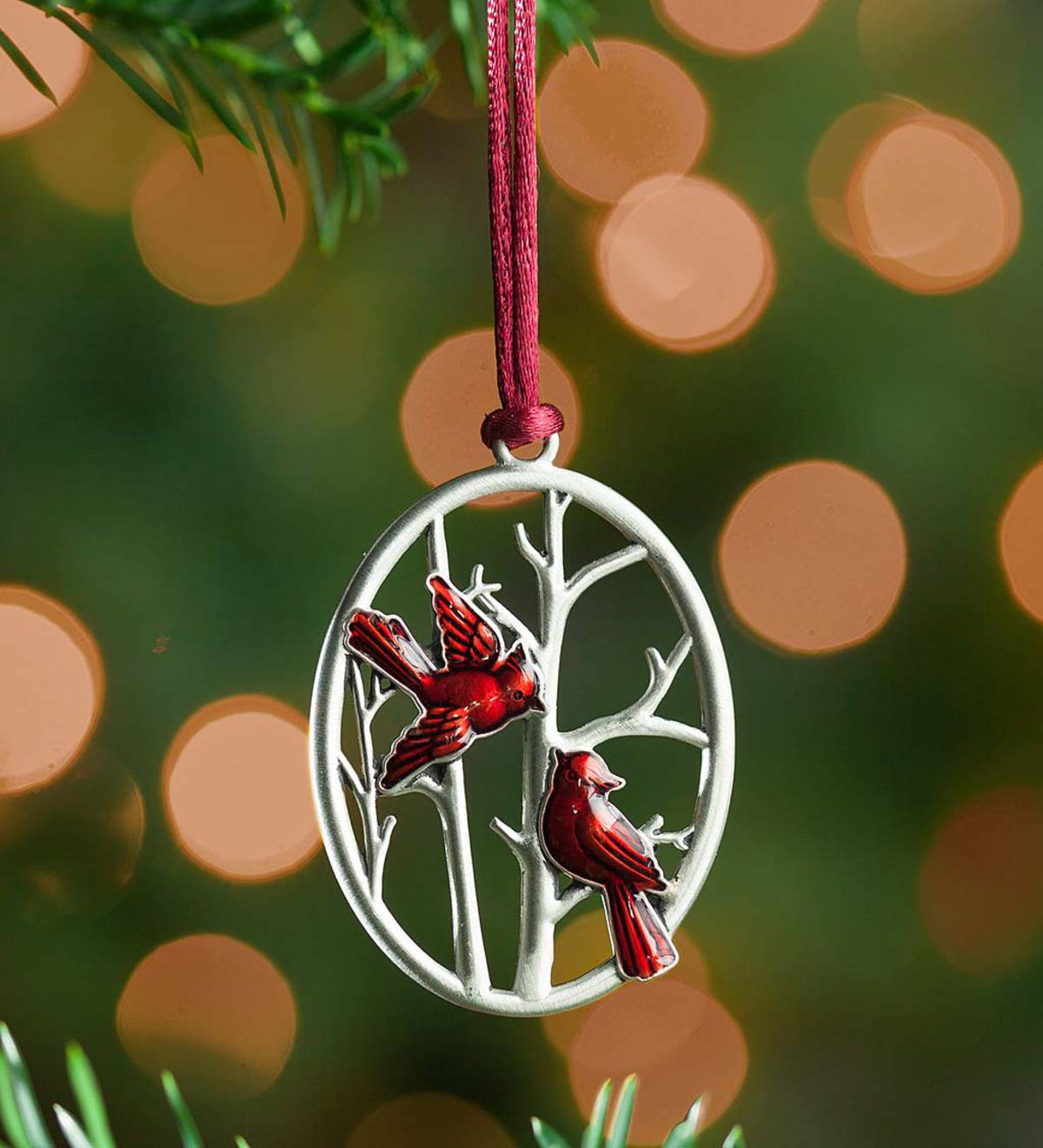 Solid Pewter Christmas Tree Ornament - Cardinals