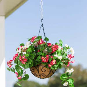 Everlasting Faux Red and White Geranium Hanging Basket