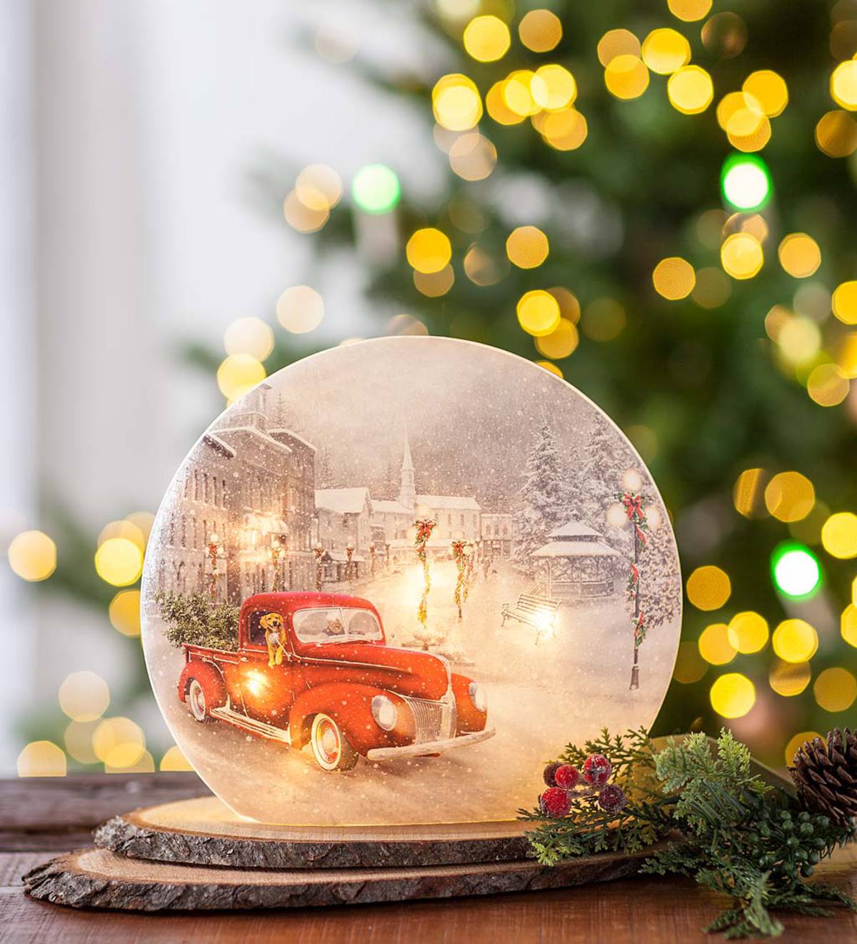 Lighted Holiday Glass Accent with Truck and Dog