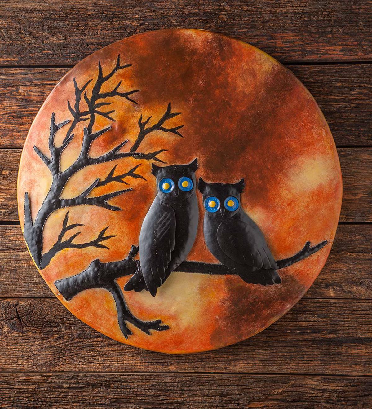 3D Midnight Owls on Branch Recycled Oil Drum Lid Wall Art