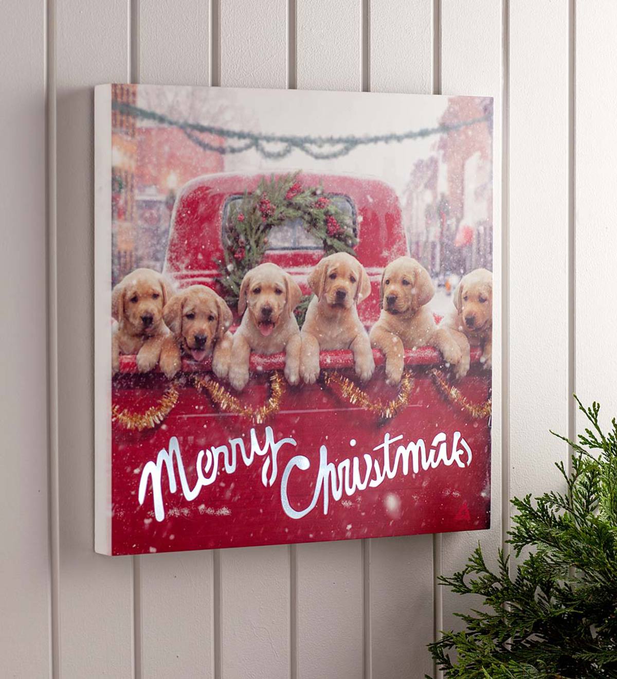 Lighted Merry Christmas Lab Pups In A Truck Wall Art