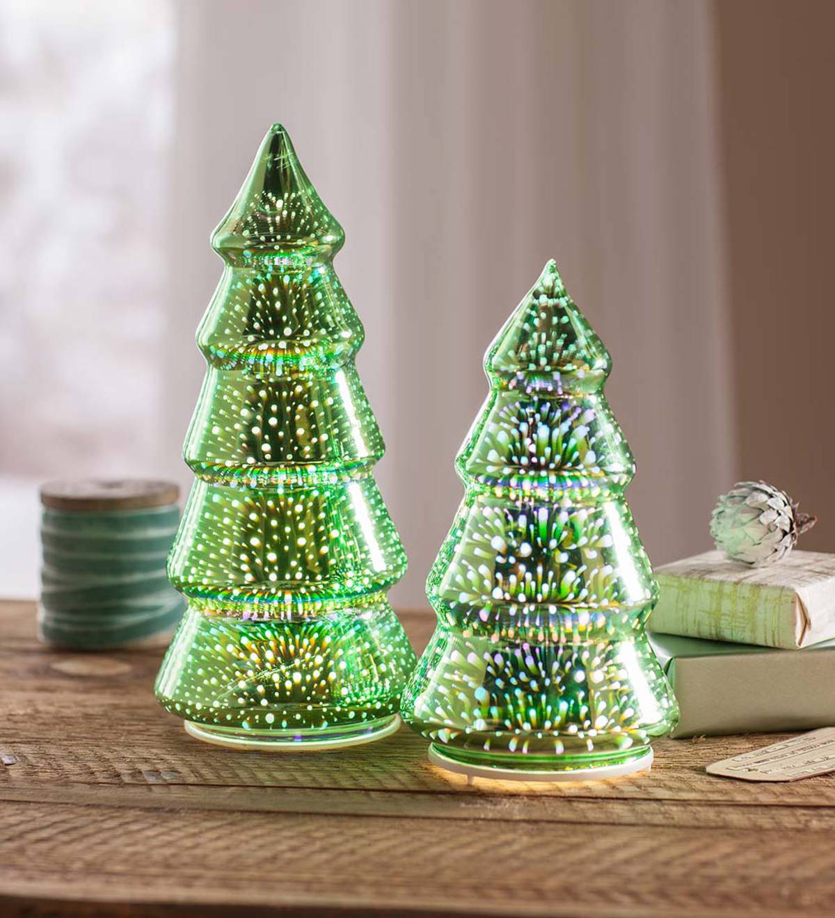 Glass Christmas Trees with 3D Light Effect, Set of 2