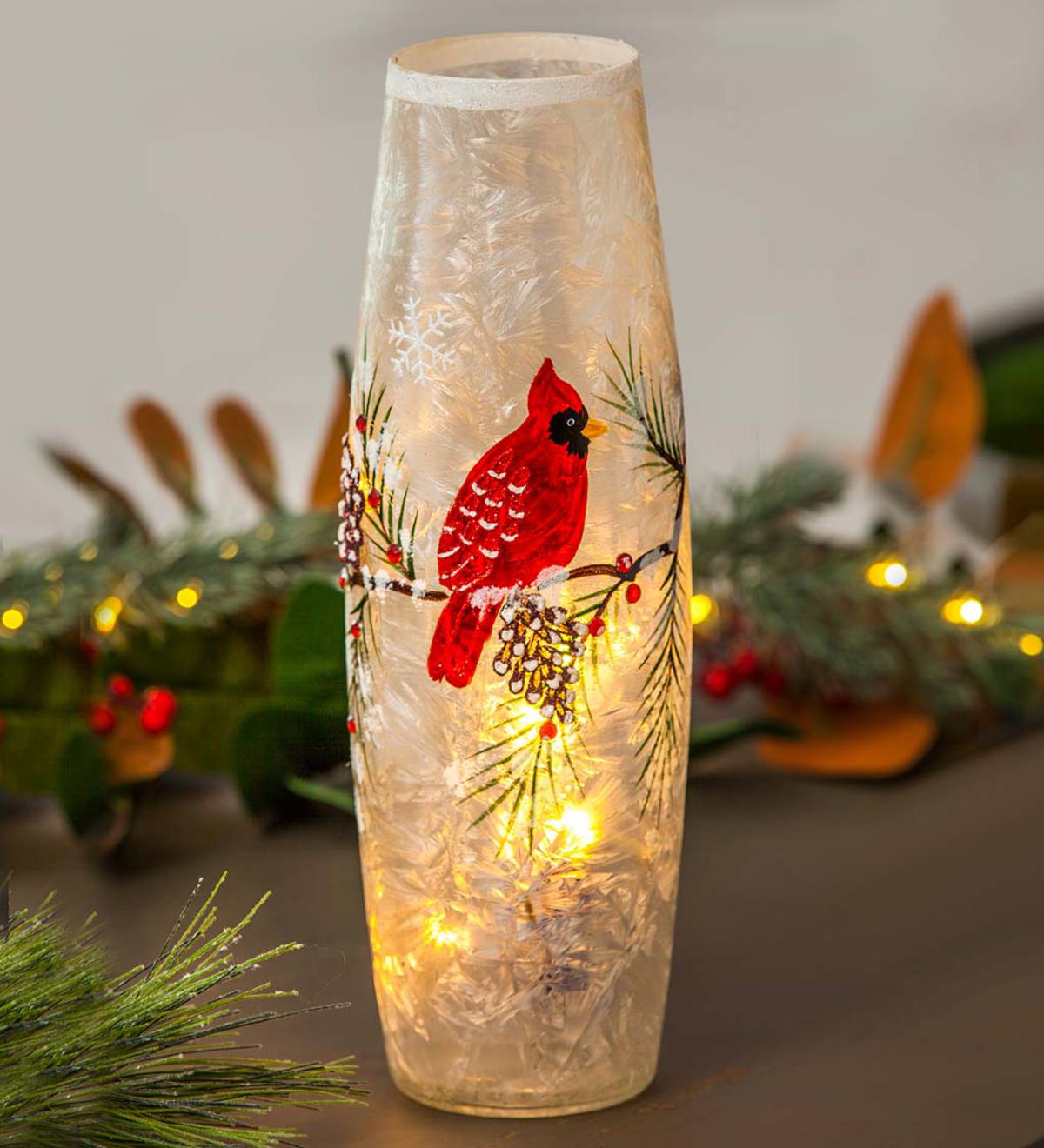 Lighted Holiday Cardinal Glass Cylinder