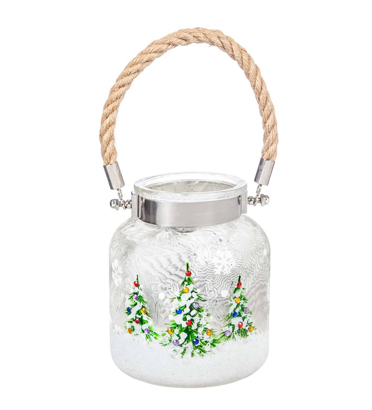 Snowy Christmas Tree Lighted Holiday Jar with Rope Handle