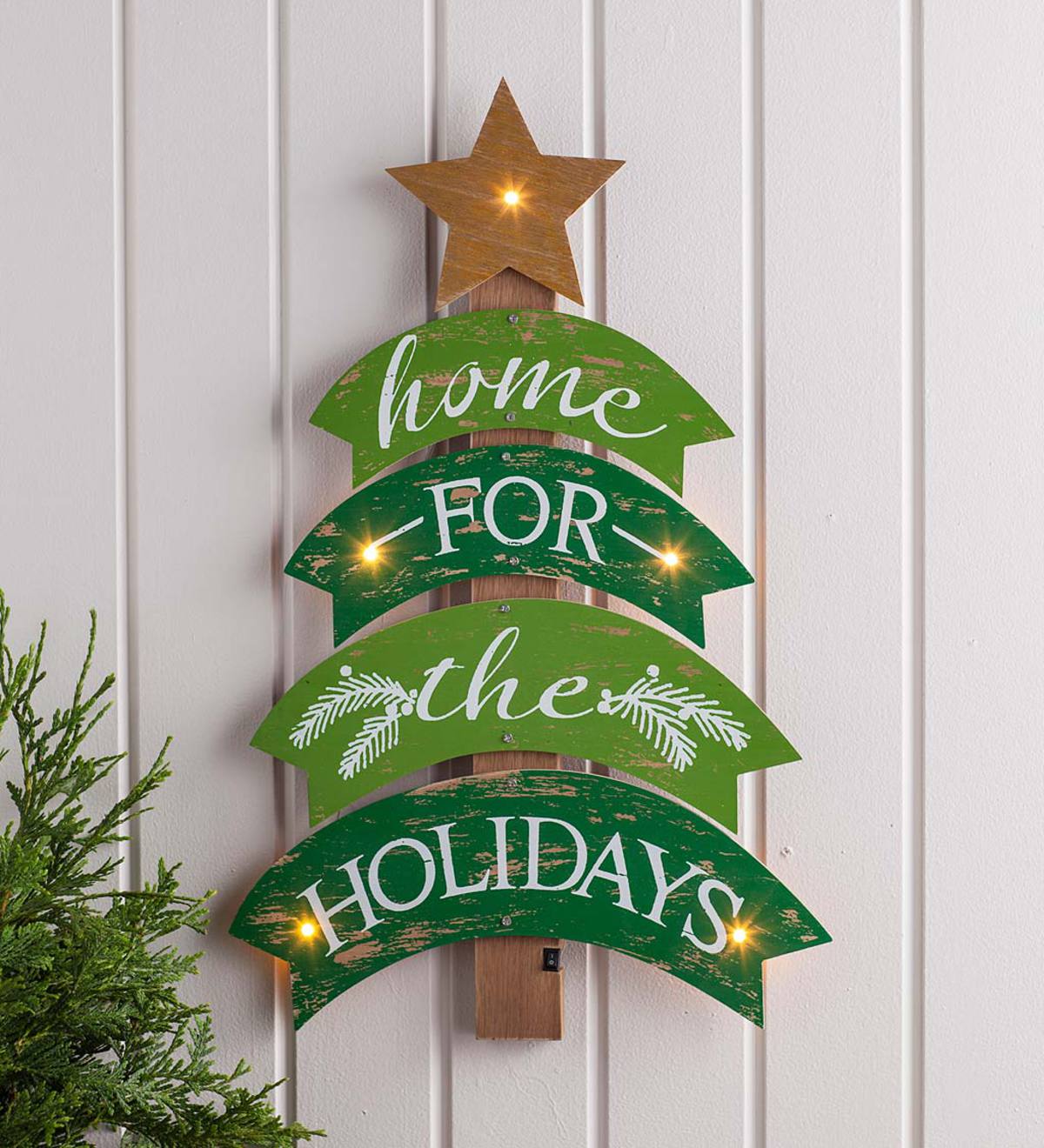 Wooden Holiday Tree Wall Art with Lights