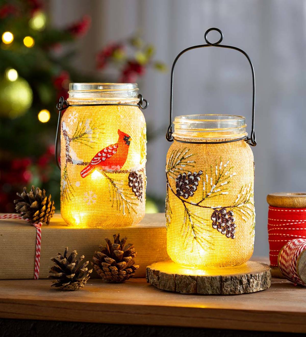 Hand-Painted Lighted Holiday Mason Jars with Burlap Wrap, Set of 2