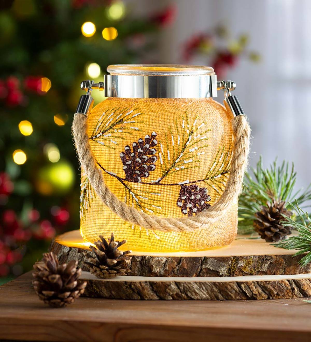 Large Hand-Painted Lighted Holiday Jar with Burlap and Rope Handle