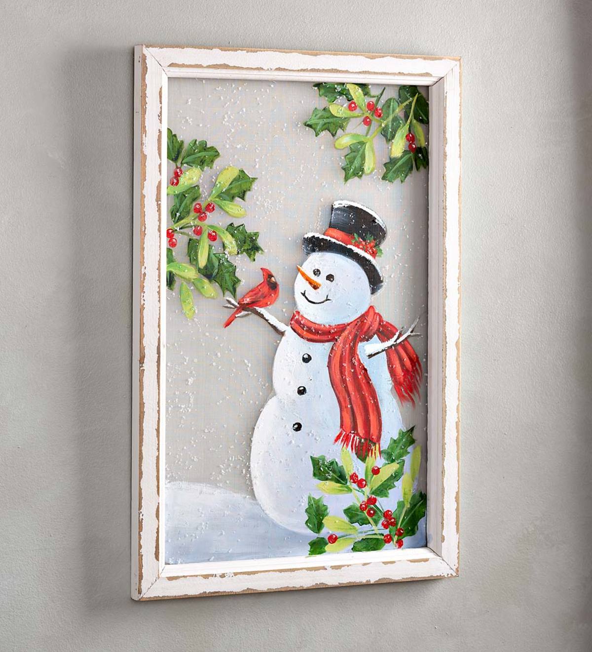 Hand-Painted Snowman with Holly Wall Art