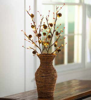 Lighted Branches With Natural Pine Cones and Faux Red Berries