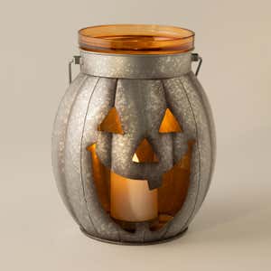 Halloween Pumpkin Metal Lantern with Flickering LED Candle