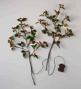 Indoor/Outdoor Holly and Berry Lighted Branches, Set of 2