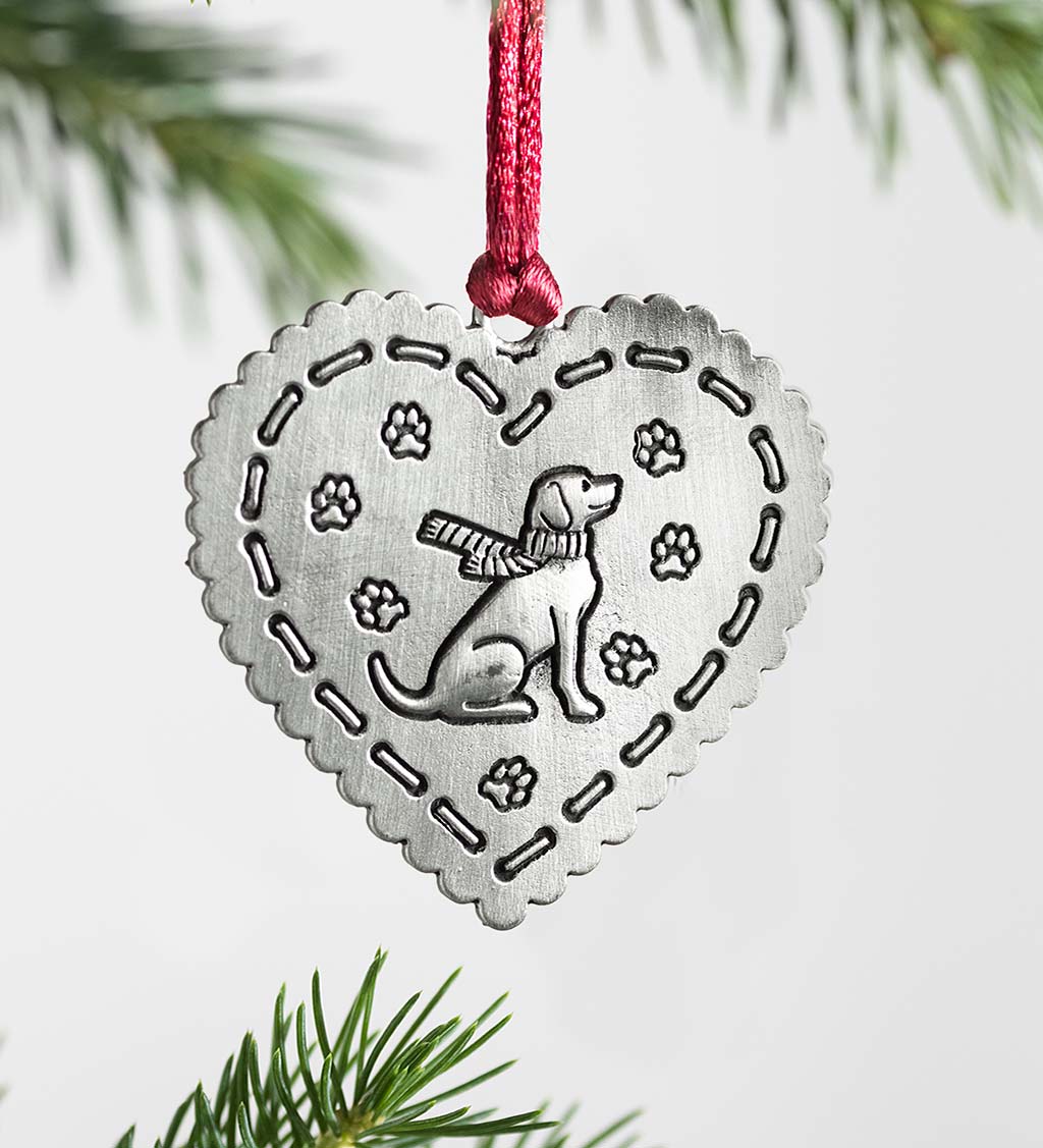 Solid Pewter Christmas Tree Ornament - Heart Dog