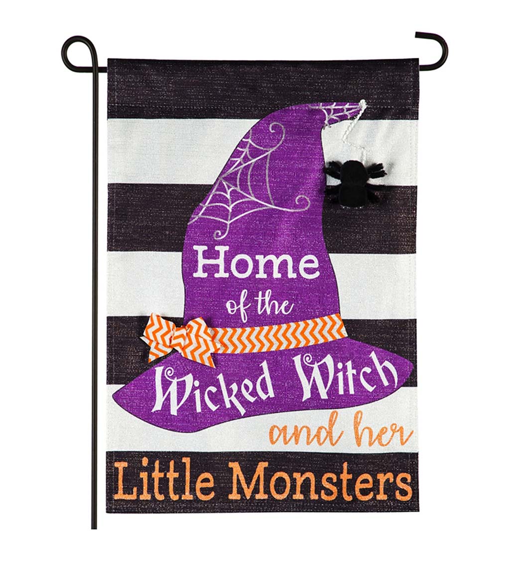 Halloween Wicked Witch and Her Little Monsters Linen Garden Flag