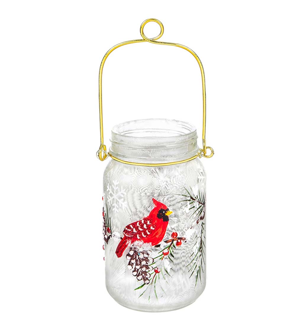 Glass Hand-Painted Cardinal and Pine Cones LED Mason Jar