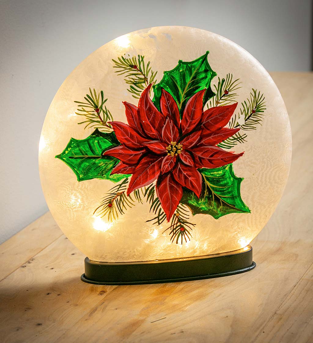 Hand Painted Poinsettia LED Glass Disc Light