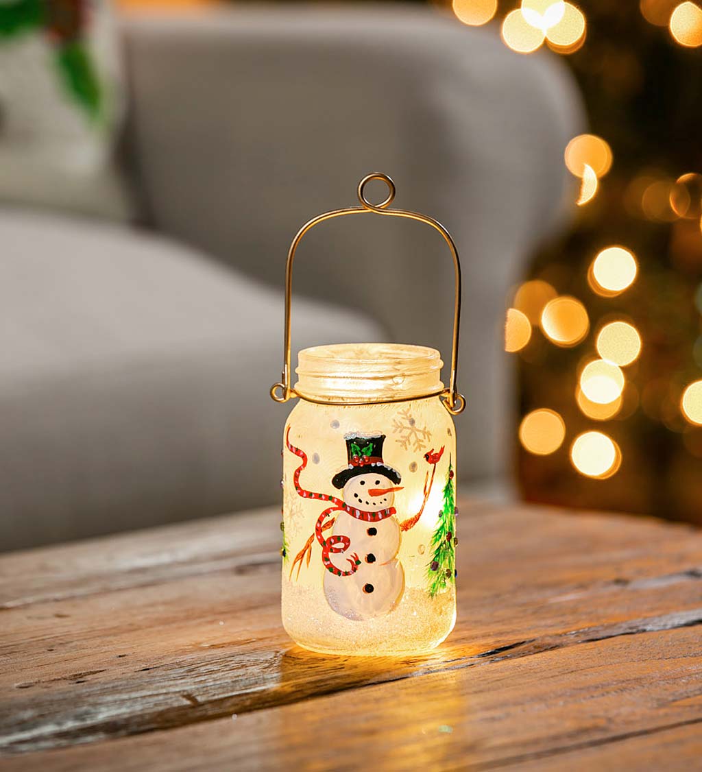 Hand Painted LED Snowman and Cardinal Mason Jar Lantern